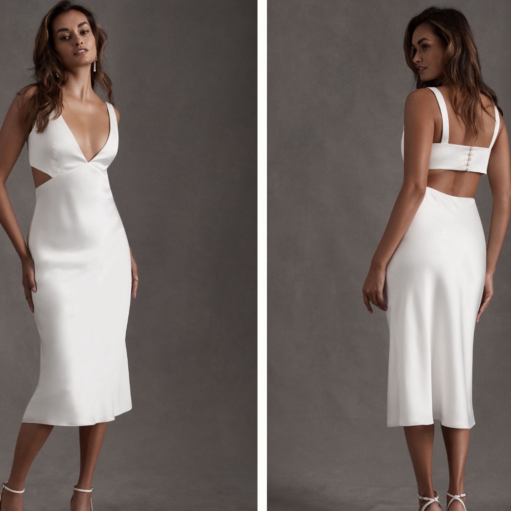 BHLDN Sachi & Babi Mona V neck cutout satin midi dress